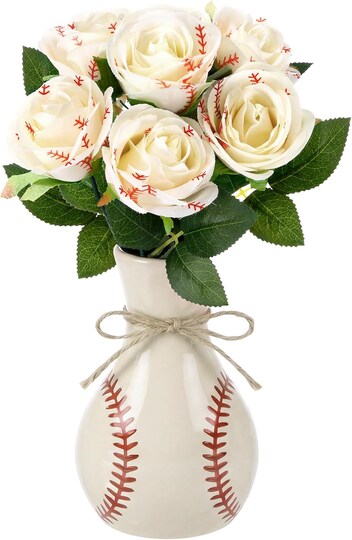 6PCS Baseball Rose Artificial Flowers with Leaves, White Silk Faux Roses 15.7" Sports Theme Flower Bouquet for Wedding, Party, Graduation & Table Centerpieces